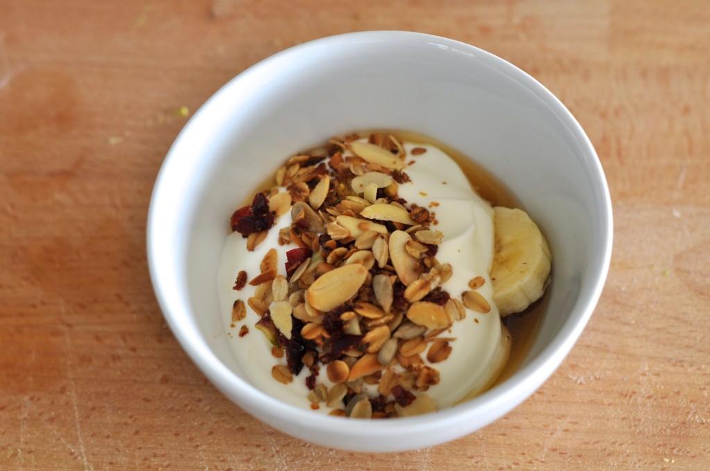 Bowl with yoghurt and banana breakfast