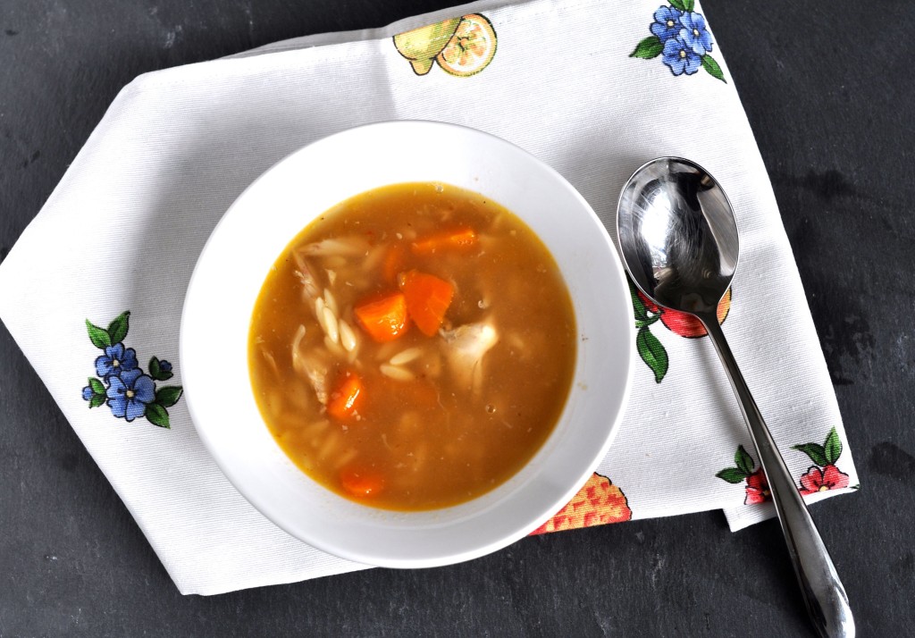 Roast chicken broth with orzo
