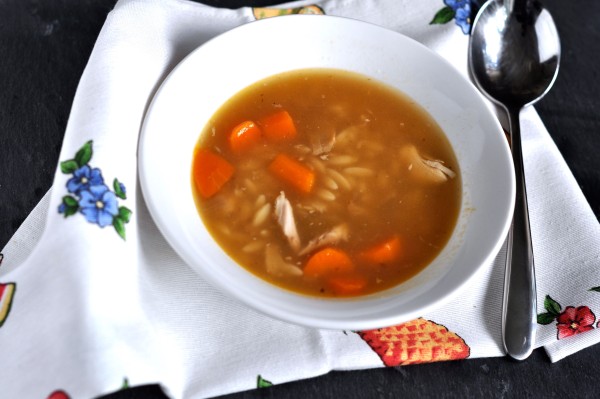 Roast chicken broth with orzo ready