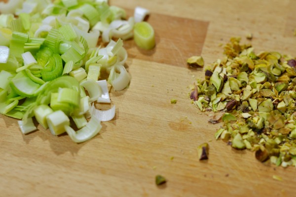 Chopped leek and pistachios